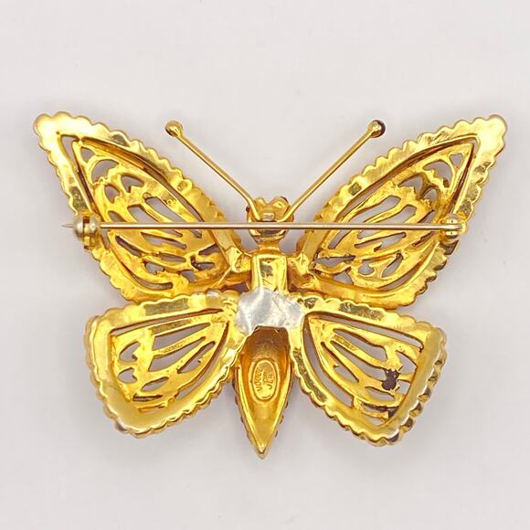 RARE 1940s VOGUE JEWELRY Butterfly Vintage Brooch Gold Tone Red Color Crystals - Picture 11 of 12